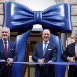 (From the left) Business France Managing Director, Pascal Cagni, Estee Lauder CEO Stephane de la Faverie and Chairman of the board of directors of Estee Lauder William P. Lauder take part in a ribbon-cutting ceremony to unveil Estee Lauder Companies' Global Fragrance Innovation Headquarters, dubbed "La Maison des Parfums" housing its Fragrance Atelier and laboratories, in Paris, on October 14, 2025. (Photo by Ian Langsdon / AFP)